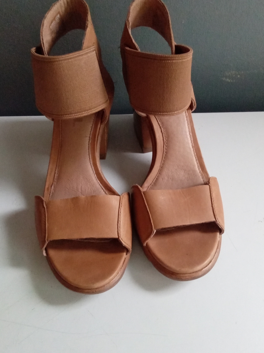 Sorel Tan Block Heel Sandals with Elastic Ankle Strap